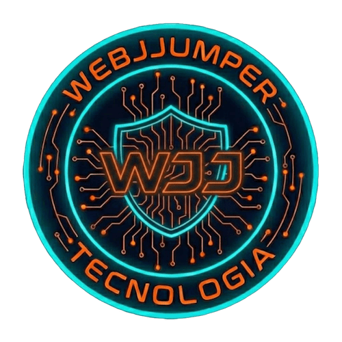 Logotipo vetorial circular da WebJJumper Tecnologia. Emblema com fundo azul escuro, contendo um escudo central com as iniciais WJJ estilizadas sobre um padrão de circuitos digitais. O texto "WebJJumper" aparece no arco superior e "Tecnologia" no arco inferior, destacados em laranja e ciano neon.