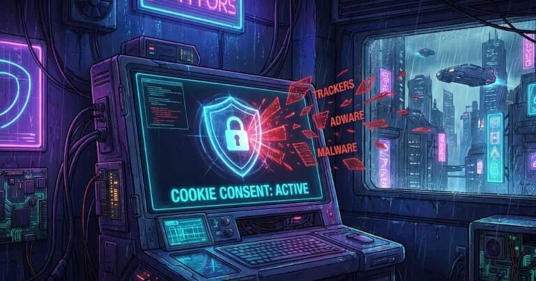 Ilustração estilo cyberpunk de um terminal de computador futurista onde um escudo digital azul bloqueia dados vermelhos de rastreadores e malware. O texto na tela diz "COOKIE CONSENT: ACTIVE". Representa a proteção ativa ao configurar CookieYes para LGPD.