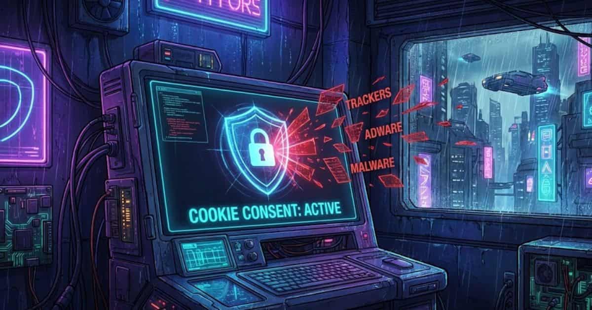 Ilustração estilo cyberpunk de um terminal de computador futurista onde um escudo digital azul bloqueia dados vermelhos de rastreadores e malware. O texto na tela diz "COOKIE CONSENT: ACTIVE". Representa a proteção ativa ao configurar CookieYes para LGPD.