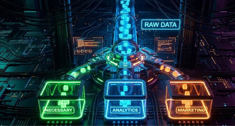 Ilustração cyberpunk de uma interface de triagem de dados onde cubos de informação brilhantes são separados automaticamente em recipientes neon rotulados NECESSARY, ANALYTICS e MARKETING. Representa a categorização automática ao configurar CookieYes.