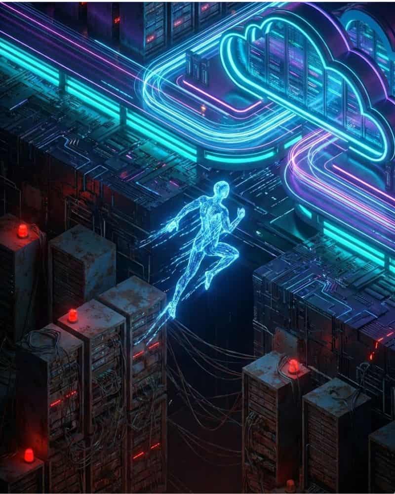 Ilustração futurista cyberpunk mostrando uma figura humana feita de luz azul saltando de um data center antigo, enferrujado e com luzes vermelhas (hospedagem compartilhada) em direção a uma estrutura de nuvem neon brilhante e limpa (VPS), simbolizando a migração para uma infraestrutura melhor.