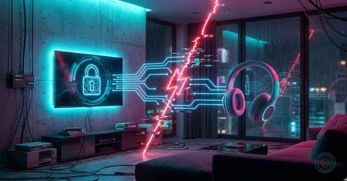 Ilustração estilo cyberpunk de uma Smart TV e fones de ouvido com conexões de neon azul sendo interceptadas por um sinal vermelho de hacker. como fones e caixas bluetooth são expostos