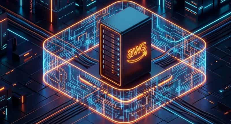 Ilustração 3D de um servidor com o logo da AWS protegido por uma cerca digital neon brilhante, representando o Grupo de Segurança e Firewall. Instalar CloudPanel na AWS