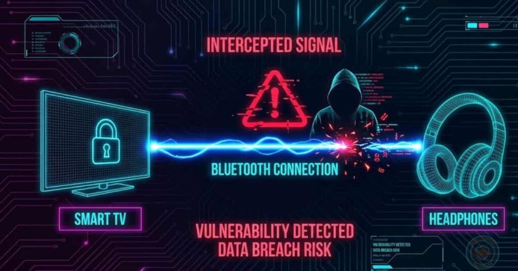 como fones e caixas bluetooth são expostos Ilustração infográfica estilo cyberpunk mostrando uma Smart TV e fones de ouvido conectados por linhas de neon azul, sendo interceptados por um raio vermelho de hack no centro.