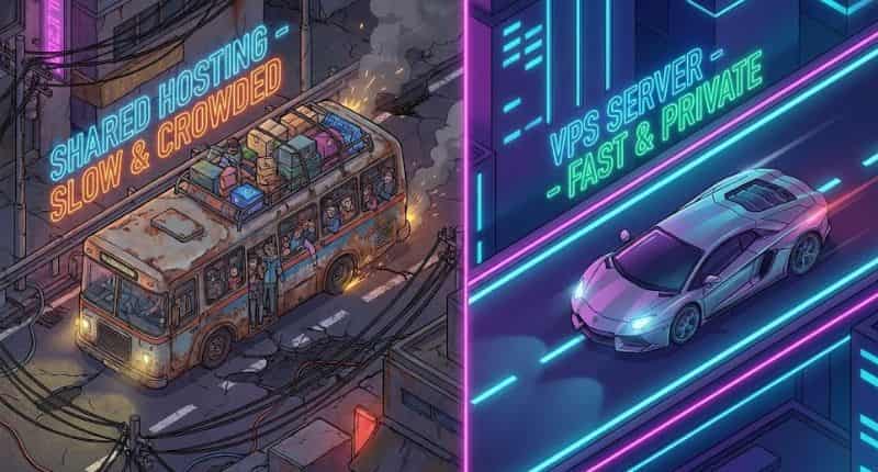 Ilustração 3D comparativa: à esquerda, um ônibus velho e lotado representando a lentidão da hospedagem compartilhada; à direita, um carro esportivo futurista em alta velocidade representando a performance de um Servidor VPS.