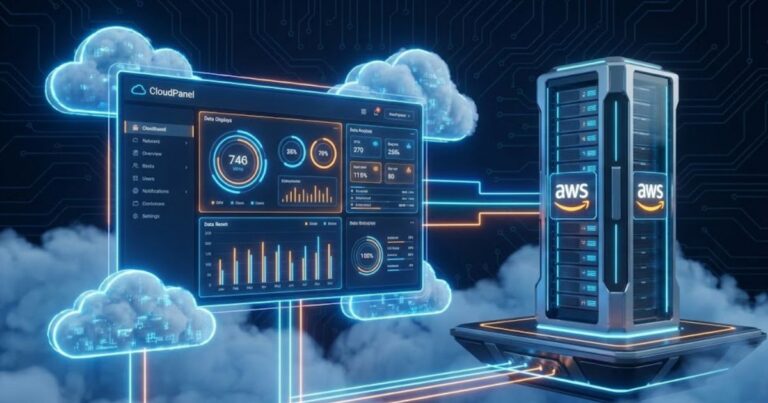 Ilustração 3D futurista mostrando a interface do painel de controle CloudPanel conectada a uma torre de servidor Amazon AWS na nuvem, com luzes neon azul e laranja.