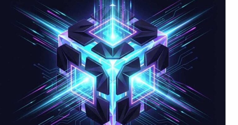 Ilustração abstrata de um núcleo de processamento de servidor VPS de alta performance, brilhando em neon ciano e roxo. Representa velocidade, isolamento e poder computacional dedicado.