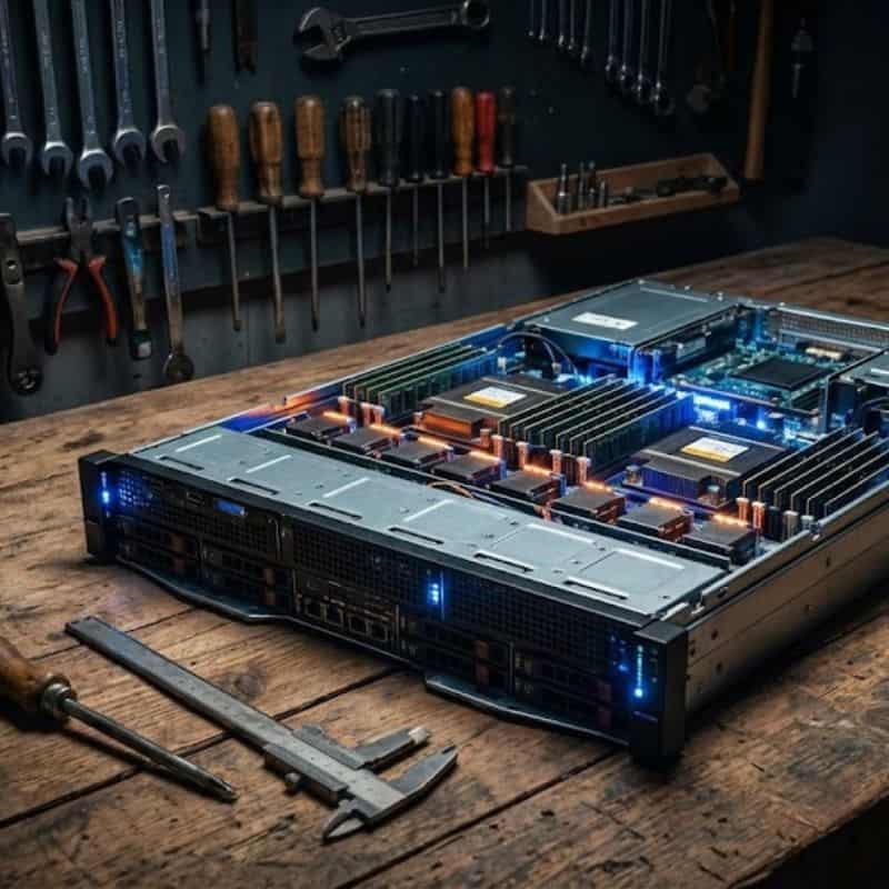 Servidor de alta tecnologia brilhando sobre uma bancada rústica com ferramentas manuais antigas ao lado.
