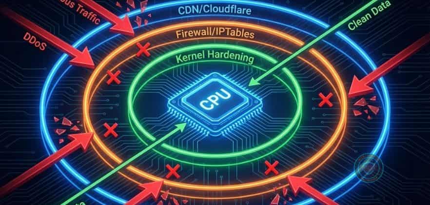 DDoS em servidores VPS - Diagrama infográfico ilustrando as múltiplas camadas de defesa contra DDoS em servidores VPS, incluindo CDN, Firewall e ajustes de kernel Linux.