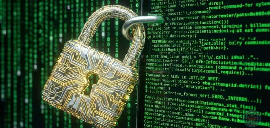 Segurança de VPS Linux - Close-up de um cadeado digital brilhante sobreposto a um terminal de linha de comando Linux, representando a autenticação segura via chaves SSH e o bloqueio de portas.