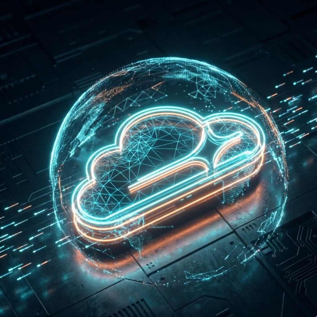 Ícone de nuvem da Cloudflare em estilo cyberpunk neon ciano e laranja, envolto por um escudo de energia esférico e pacotes de dados, representando proteção contra ataques DDoS e aceleração de CDN.