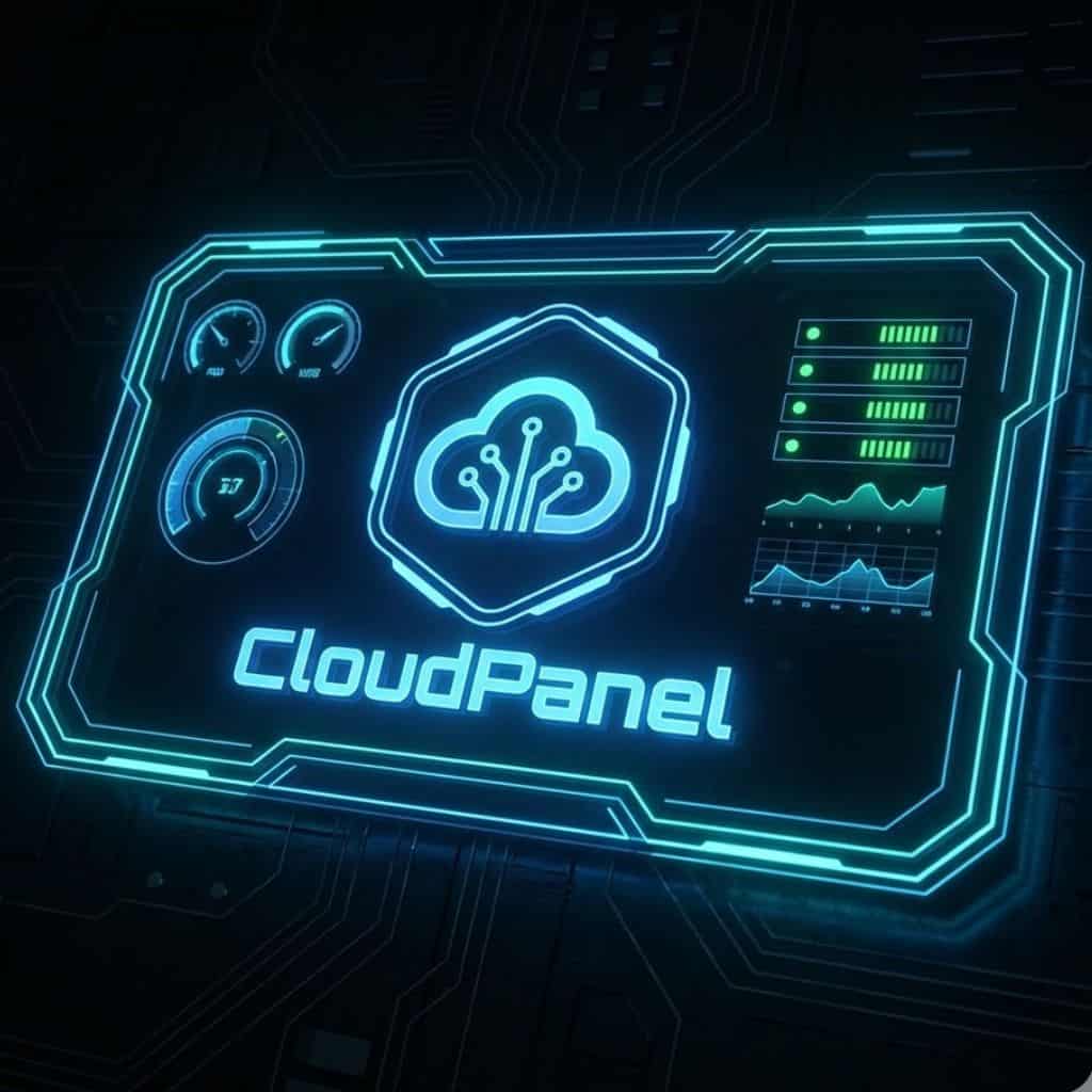 Interface holográfica tática do painel de controle CloudPanel em tons de azul neon, mostrando medidores de performance de servidor, gráficos de dados e indicadores de status em um estilo cyberpunk futurista.