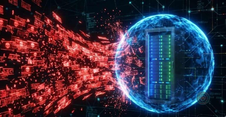 Ilustração digital mostrando um ataque DDoS volumétrico, representado por uma onda de pacotes vermelhos, sendo bloqueado por um escudo de proteção azul ao redor de um servidor VPS.