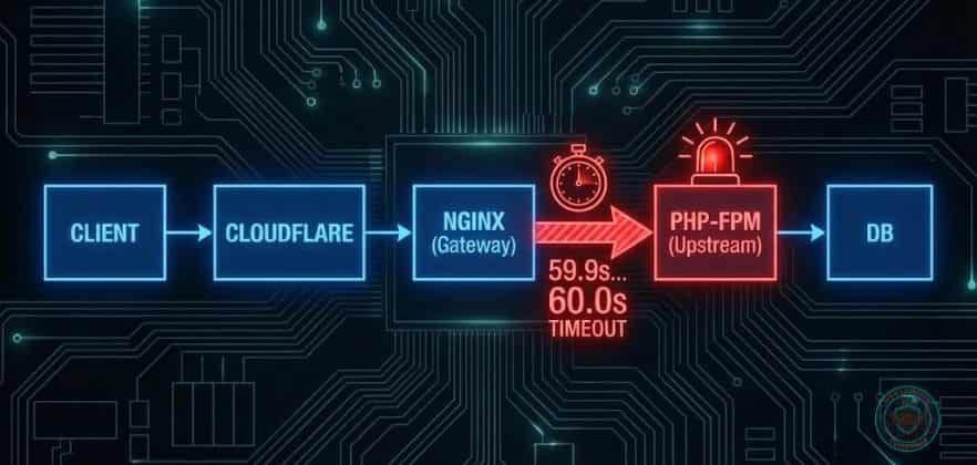 Erro 504 Gateway Timeout = Diagrama esquemático técnico mostrando o fluxo de uma requisição web (Cliente > Cloudflare > Nginx > PHP > DB), com um cronômetro digital indicando o tempo limite se esgotando entre o Nginx e o PHP-FPM, ilustrando a causa do erro 504.