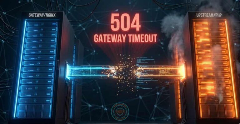 Ilustração digital de um data center mostrando dois racks de servidores com uma conexão de dados rompida e uma mensagem de erro "504 GATEWAY TIMEOUT" brilhando em vermelho, simbolizando a falha de comunicação entre o Nginx e o PHP.