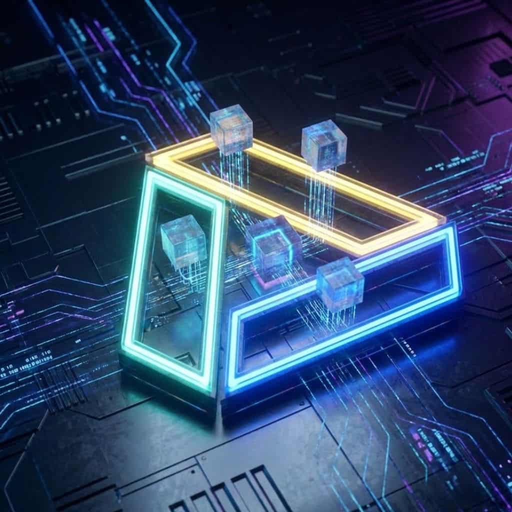 Ícone triangular de neon futurista do Google Drive em ciano, amarelo e azul, atuando como um portal de dados com blocos de armazenamento holográficos flutuando sobre uma placa de circuito escura, representando backup externo seguro.