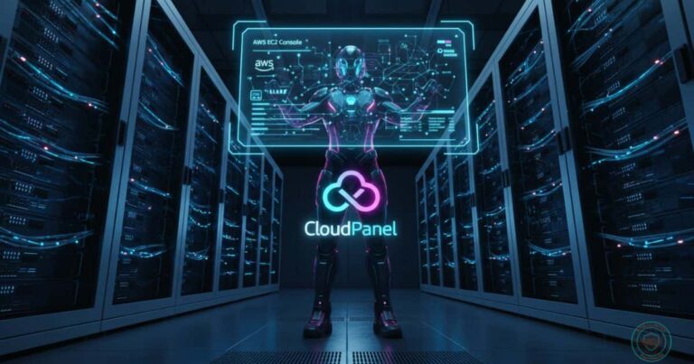 Especialista com traje futurista em um data center, gerenciando a instalação do CloudPanel na infraestrutura AWS através de uma grande interface transparente com luzes neon azul e magenta. (Foco: Descreve a cena para acessibilidade, mas insere "CloudPanel" e "AWS" no contexto).