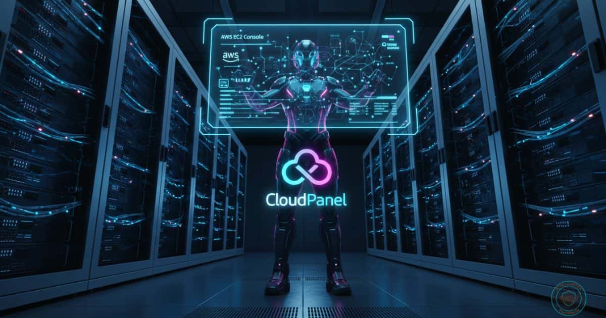 Especialista com traje futurista em um data center, gerenciando a instalação do CloudPanel na infraestrutura AWS através de uma grande interface transparente com luzes neon azul e magenta. (Foco: Descreve a cena para acessibilidade, mas insere "CloudPanel" e "AWS" no contexto).
