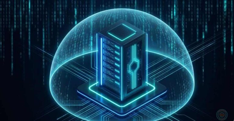 Representação 3D futurista de um servidor VPS Linux protegido por um escudo holográfico azul neon, simbolizando a segurança contra invasões e ataques DDoS.