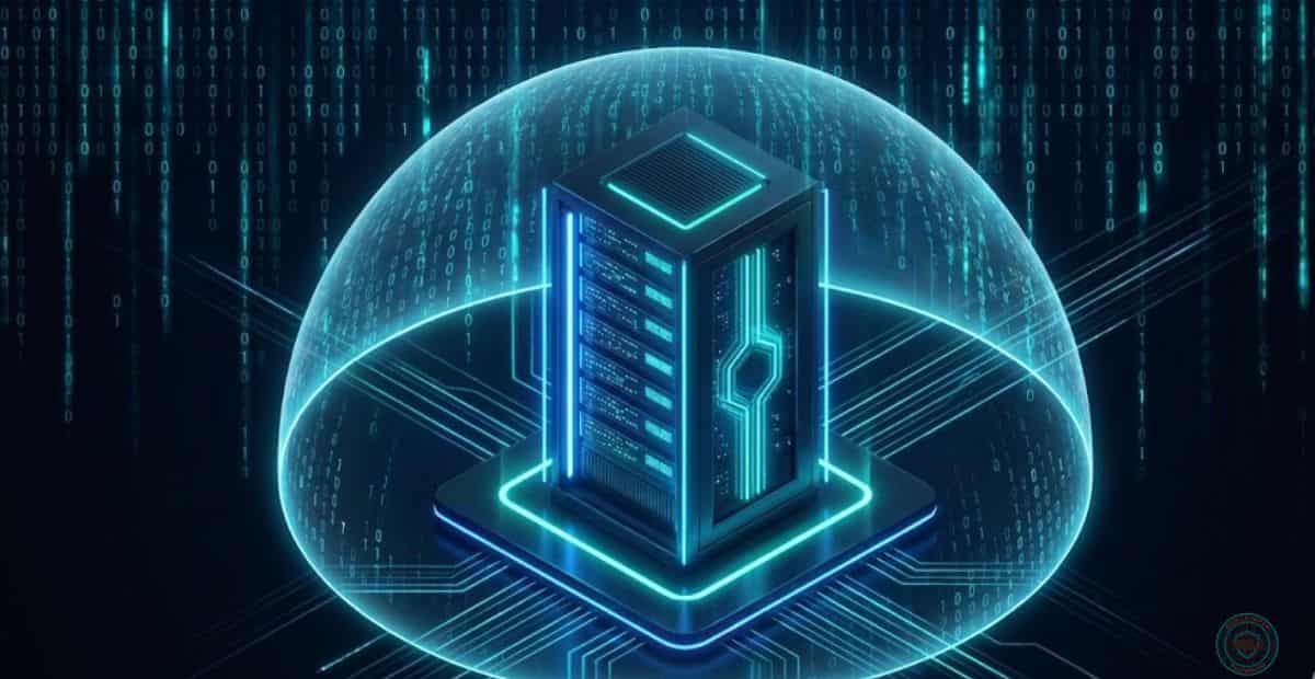 Representação 3D futurista de um servidor VPS Linux protegido por um escudo holográfico azul neon, simbolizando a segurança contra invasões e ataques DDoS.