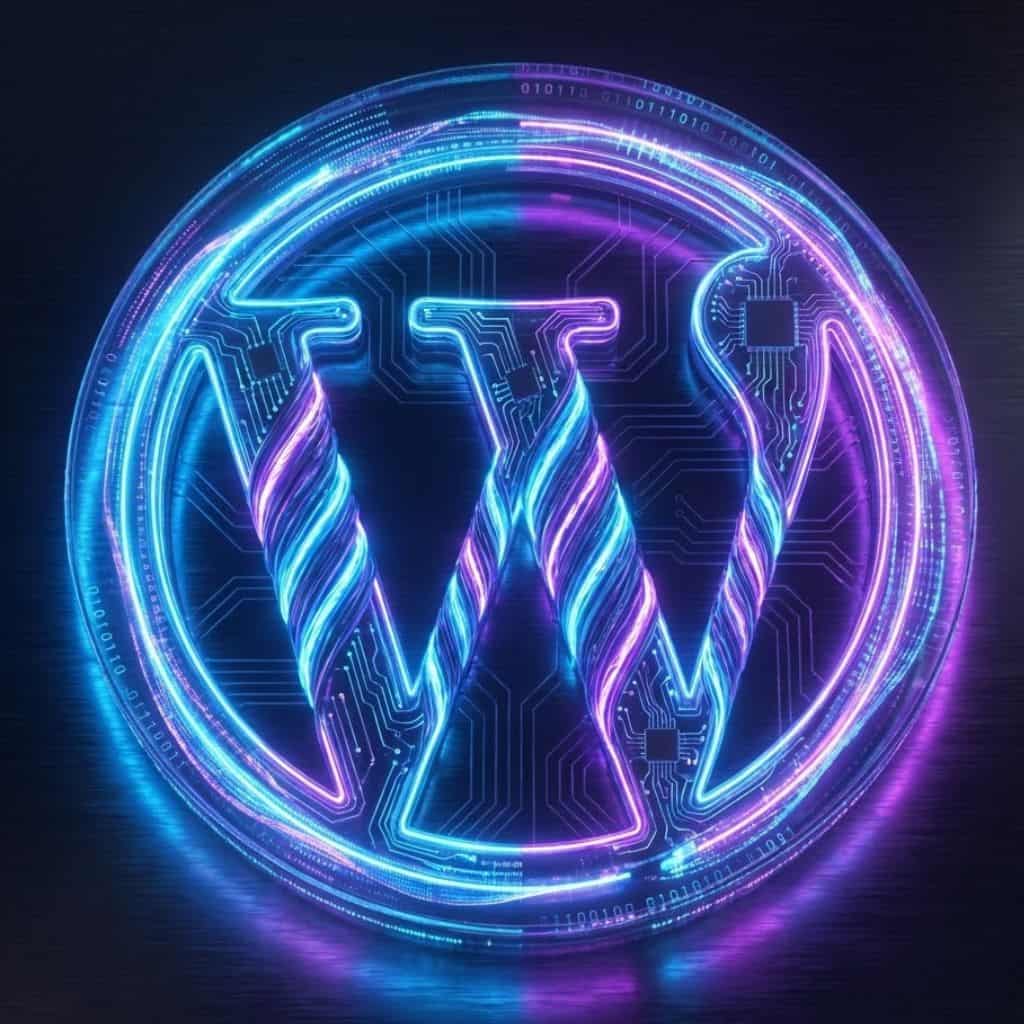 Ícone do logotipo 'W' do WordPress em estilo cyberpunk neon azul e roxo, formado por conduítes de energia trançados e cercado por um anel holográfico de dados, representando o núcleo do CMS operando em alta performance.