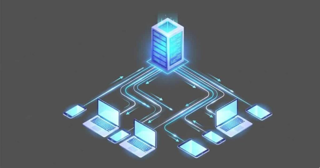 Diagrama isométrico de fluxo de dados rápido de um servidor para vários dispositivos. VPS com CloudPanel